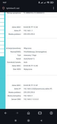 Zrzut ekranu z ustawieniami routera TP-Link WR841N, pokazujący adresy MAC, IP, maskę podsieci i inne szczegóły.
