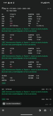 Zrzut ekranu z aplikacji NetMonster pokazujący szczegóły sygnału 4G LTE i 5G, w tym parametry RSRP, RSRQ, eNb, CID oraz PCI dla różnych pasm.