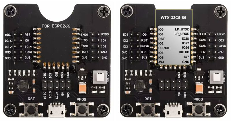 Two development boards with pin headers and micro USB marked FOR ESP8266 and WT0132C5-S6