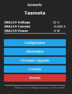 Screenshot of Tasmota user interface with voltage, current, and power readings for INA219 sensor.