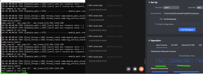 The command is too long error in TuyaMCU emulator with MCU data transmissions visible