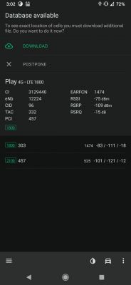 Ekran aplikacji z danymi sieci Play 4G LTE 1800.