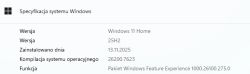 Zrzut „Specyfikacja systemu Windows” z danymi: Windows 11 Home, wersja 25H2, kompilacja 26200.7623.