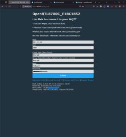 Configuration page for OpenRTL87X0C_E1BC1852 device for MQTT settings, with fields for host, port, and user credentials.