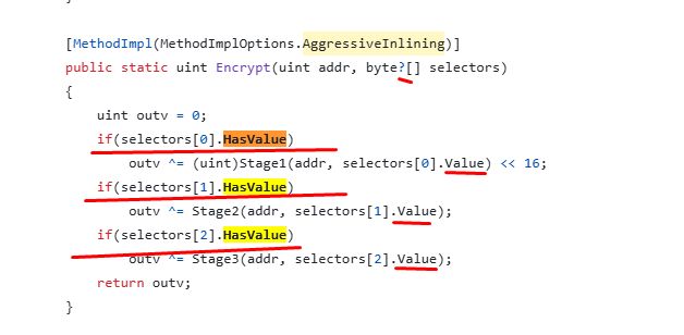 Screenshot of C# code showing Encrypt method with HasValue and Value checks highlighted