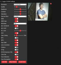 ESP32-Cam Camera Settings Interface User interface for adjusting ESP32-Cam OV2640 camera settings.