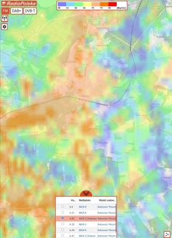 Mapa RadioPolska z kolorową prognozą natężenia sygnału DVB‑T wokół Olkusza i legendą dB(µV/m)
