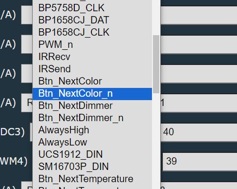 GPIO Function Selection Menu in OpenBeken Screenshot of GPIO function selection menu with Btn_NextColor_n option highlighted.