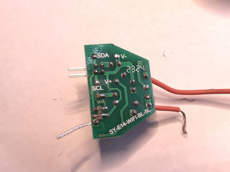 SY-E14-WIFI-BL-5L LED controller PCB with pin labels SY-E14-WIFI-BL-5L PCB with labeled pins and attached wires.