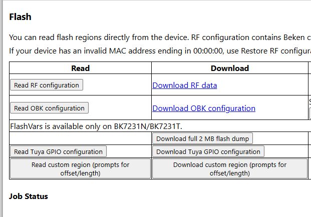 Table with read and download options for flash configuration on BK7231N/BK7231T