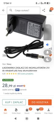 Zrzut ekranu Allegro z ofertą ładowarki AC/DC 21 V z wtyczką EU i przewodem z wtykiem DC
