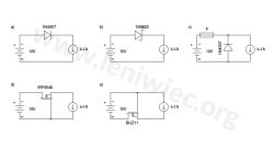 Five circuit diagrams with diodes and transistors for 1A load at 10V