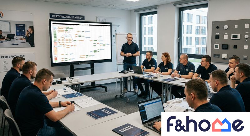 Training room: instructor by a large display, participants at tables with notebooks and laptops