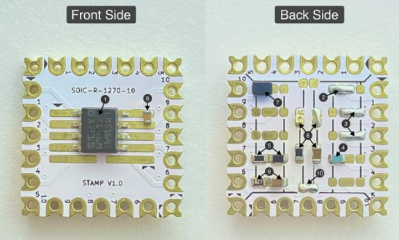 Both sides of the Stamp PCB board – front and back view Photo shows both sides of a Stamp prototype PCB board—front with an IC, back with various SMD components.