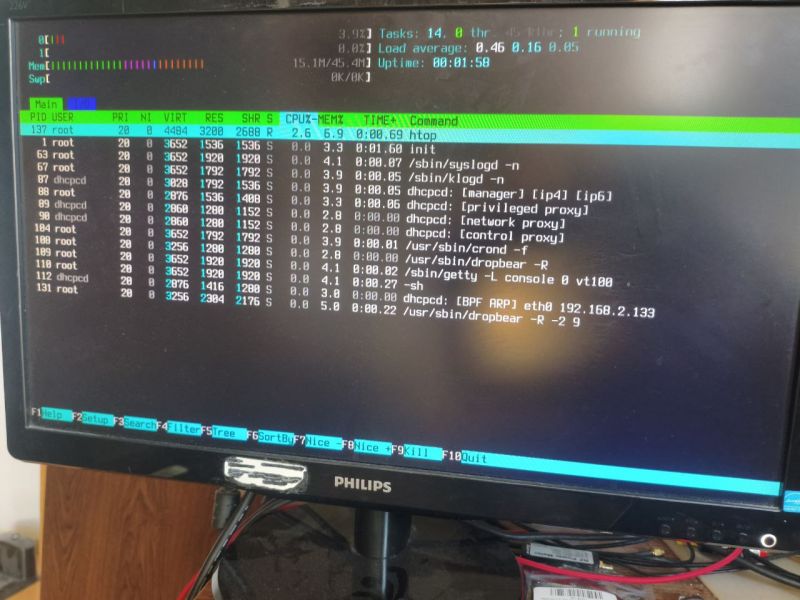 Kolorowy interfejs programu htop uruchomiony na monitorze z konsolą tekstową