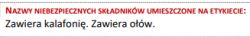 Fragment karty charakterystyki z informacją o niebezpiecznych składnikach: kalafonia i ołów.