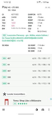Zrzut ekranu z aplikacji pokazujący parametry sygnału sieci komórkowej Play w technologii LTE i 5G w okolicy BTS LUB4425.