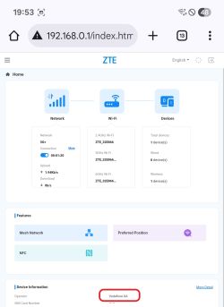 Panel sterowania routera ZTE z informacjami o sieci i operatorze Vodafone UA