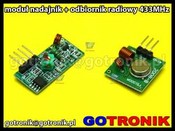 Moduły nadajnika i odbiornika radiowego 433 MHz na żółtym tle z logo Gotronik.