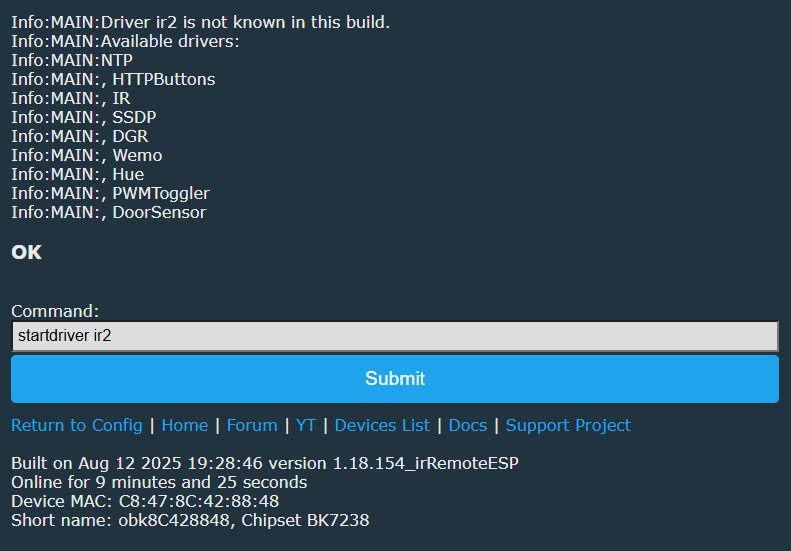 Tuya WiFi IR T1-3S - does the module support OpenBeken? UART logs, chip identification