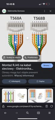 Schematy połączeń kabli sieciowych T568A i T568B.