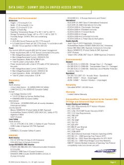 Strona z danymi technicznymi switcha Extreme Networks Summit 300-24, zawierająca informacje o parametrach środowiskowych, zużyciu energii, normach i protokołach obsługiwanych przez urządzenie.