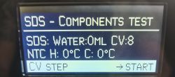 Display showing SDS component test including heater and NTC temperature information.