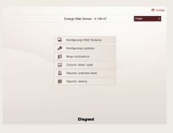 Interfejs webowy Legrand Energy Web Server z widocznymi opcjami konfiguracji i raportów