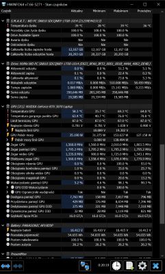 Zrzut ekranu z programu HWiNFO64 pokazujący parametry sprzętowe laptopa, w tym temperatury i zużycie GPU oraz dysku.