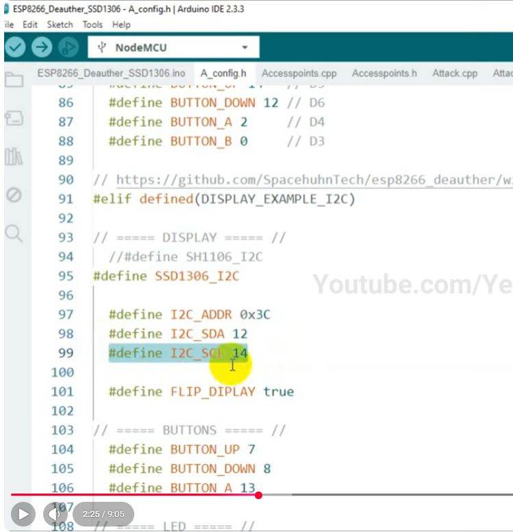 Zrzut Arduino IDE z plikiem A_config.h, widoczne definicje SSD1306_I2C i piny I2C_SDA 12, I2C_SCL 14