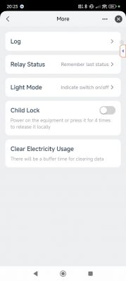Tuya App Settings Options Tuya app settings screen with options like Log, Relay Status, Light Mode, Child Lock, and Clear Electricity Usage.