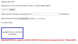 Selected OTA file is a generic build for BK7231N; device needs irRemoteESP variant