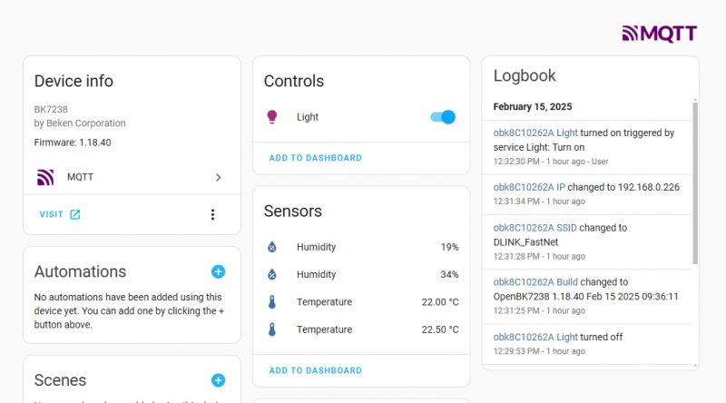 User interface of a monitoring application for BK7238 device with charts of temperature and humidity, event log, and light control.