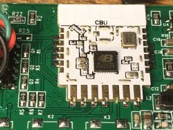 Interior of RGB LED Controller with CBU Module Close-up of the interior of a control panel showing the CBU module and BL2028N chip.