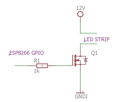 LED Dimmer Schematic with ESP8266 and MOSFET Schematic diagram with MOSFET for controlling an LED strip.