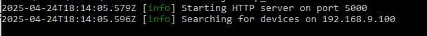 A console log fragment showing HTTP server start and network device search.