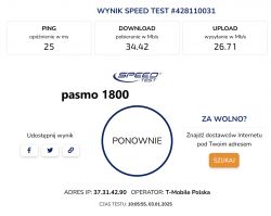 Zrzut ekranu wyniku testu prędkości internetu pokazujący pasmo 1800 z opóźnieniem 25 ms, pobieraniem 34.42 Mb/s i wysyłaniem 26.71 Mb/s. Operator: T-Mobile Polska.