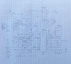 Hand-drawn block diagram of an energy meter circuit on graph paper.