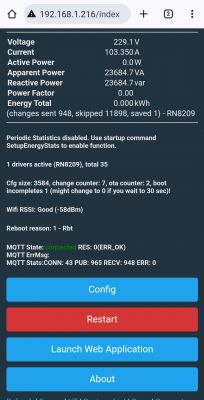 Screenshot of the RN8209 monitoring app displaying voltage, current, and power information.