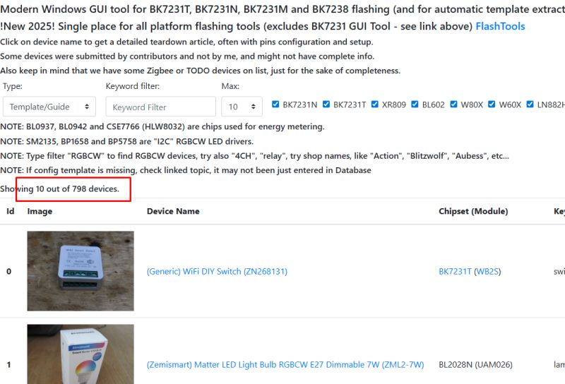 Page section listing devices with text: “Showing 10 out of 798 devices”.