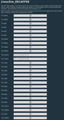 Screenshot of LinuxSim_EECAFFEE showing pins P0–P26 with role dropdowns and channel index fields