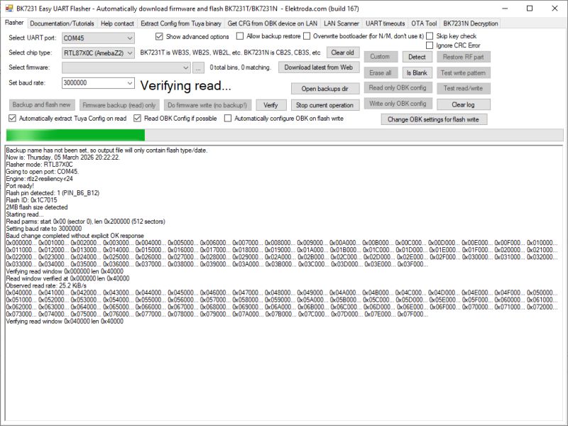 Screenshot of BK7231 Easy UART Flasher showing “Verifying read...” and a flash read log.