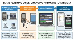 Infographic showing step-by-step firmware flashing of Tasmota to ESP32