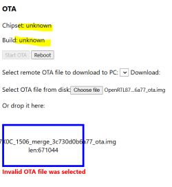 OTA update window with invalid file selected for update.