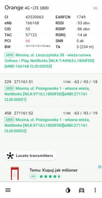Zrzut ekranu z aplikacji pokazujący szczegółowe dane o sieci LTE na ulicy Leszczyńskiej i Pożegowskiej w Mosinie.