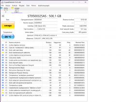 Zrzut ekranu z programu CrystalDiskInfo pokazujący ostrzeżenie dotyczące stanu dysku.