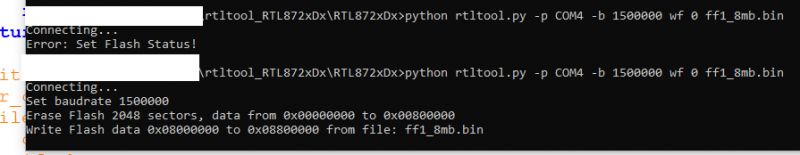 Screenshot of a terminal showing a flashing process with a device error related to setting flash status.