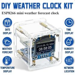 DIY ESP8266 weather clock kit in clear case with OLED screen and feature icons around it
