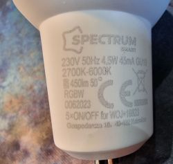 Technical Specifications of Spectrum Smart LED 4.5W Bulb Close-up of technical specifications visible on the Spectrum Smart LED 4.5W GU10 bulb.