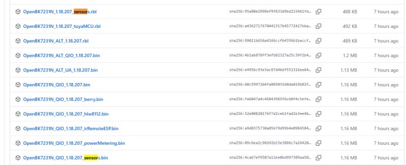 List of OpenBK7231N binary firmware files with configuration variants